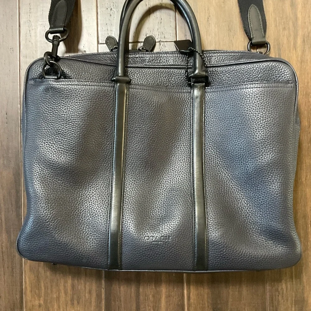 COACH Men’s Pebble Leather 57781 Navy Black Briefcase Bag Metropolitan Slim - Picture 11 of 14